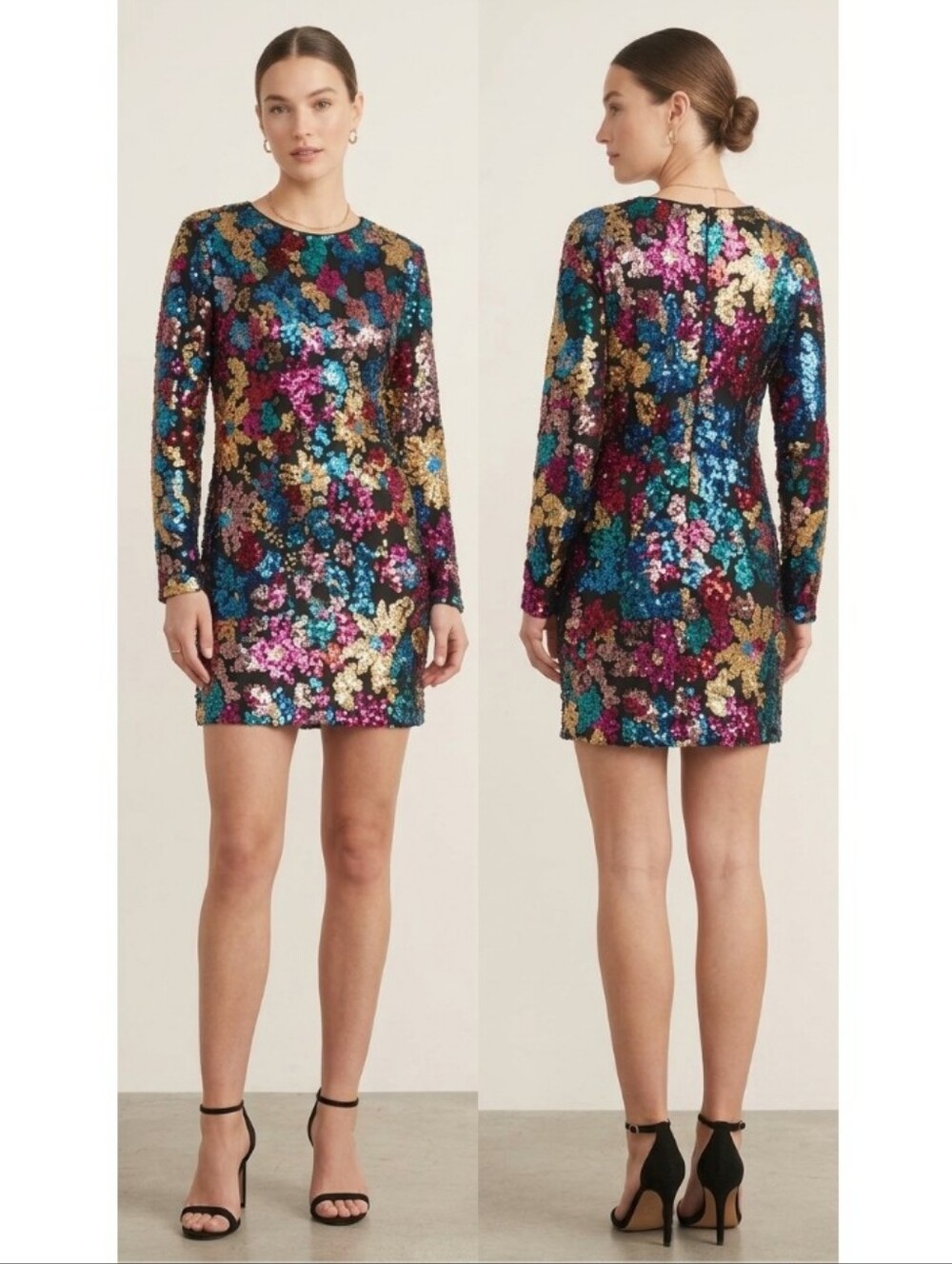 Boohoo Multicolor Sequin Maxi Dress with Gold Floral Accents